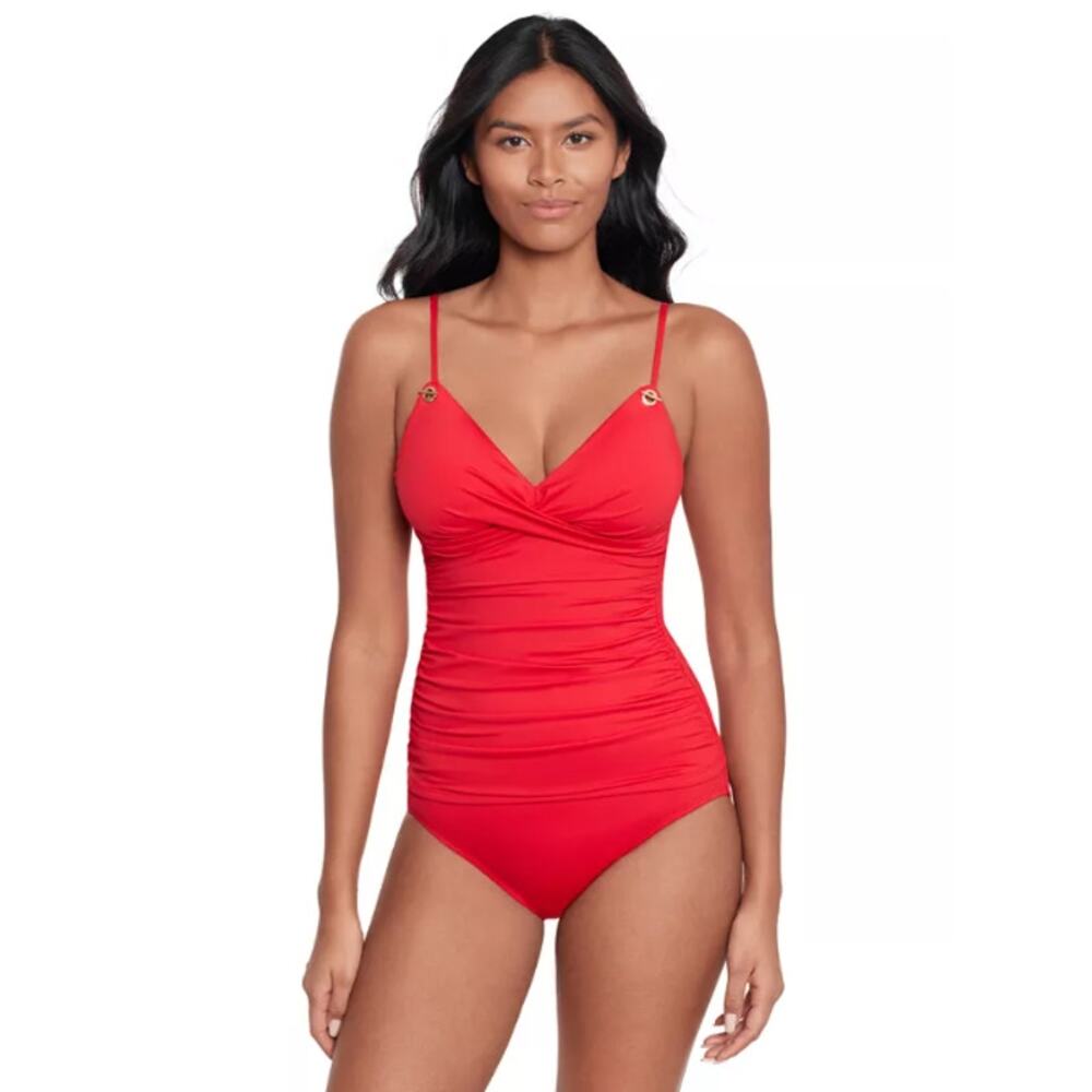 LAUREN RALPH LAUREN Womens Tankini Top Size 6 Red Toggle-Trim NWOT - Picture 1 of 12